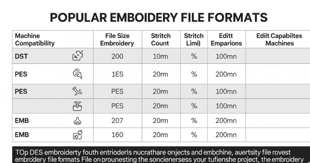 A comparison table showing different embroidery file formats like DST, PES, and EMB