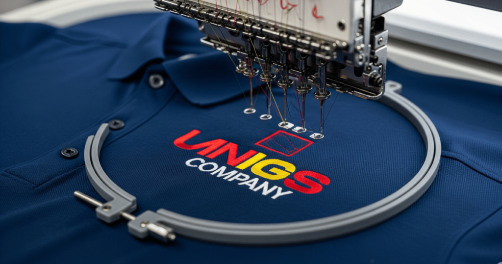 Embroidery machine stitching a digitized company logo on a polo shirt