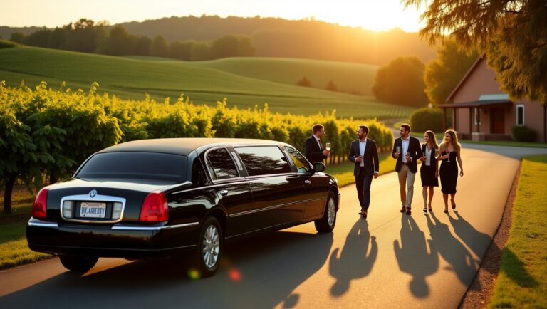 Virginia limo tour with luxury black limousine and group enjoying wine at a scenic vineyard during sunset